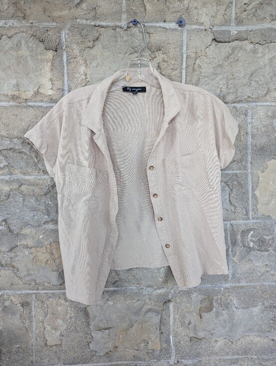 Lily Morgan Tops - Linen/Viscose Blend Light Beige Short-Sleeve Women's Short Button-Up Shirt